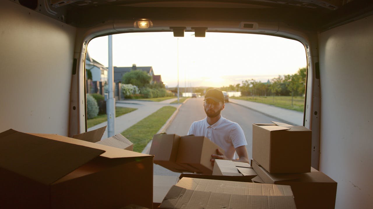 A courier unloading cardboard boxes from a van during sunset on a suburban street.
