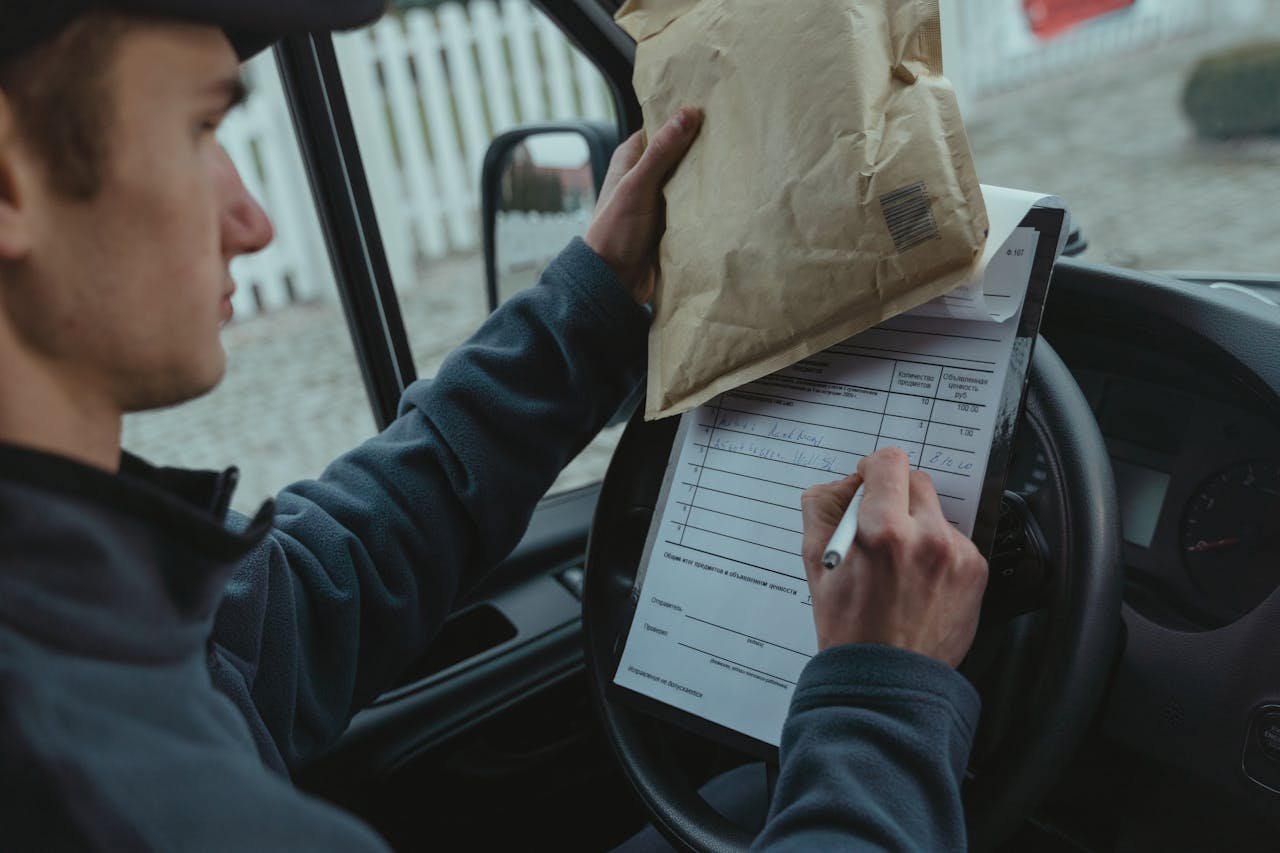 Courier signs delivery documents inside van while holding package, representing logistics and efficient mail service.